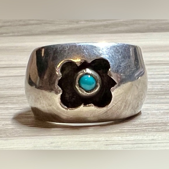 Vintage Frank Ramone Sterling Silver Shadow Box Turquoise Ring, Size 6, 5.5g - Picture 2 of 10